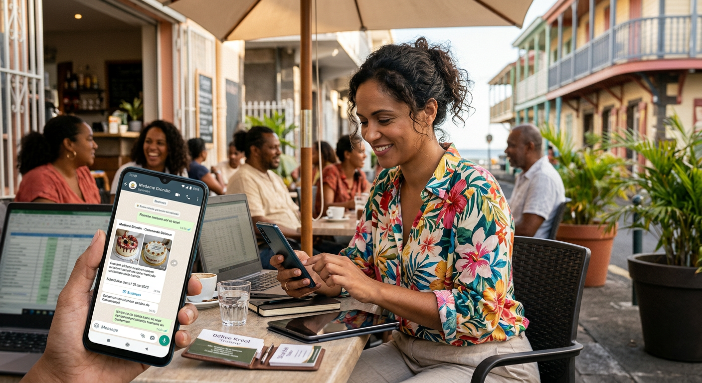 Entrepreneur réunionnais utilisant WhatsApp Business pour gérer sa clientèle